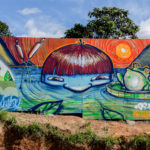 Artista Paullo Flecha. Descrição: Parede externa apresenta arte graffiti de um índio azul mergulhado em um rio cristalino, ao pôr do sol. Ao lado, um sapo verde está sentado em uma planta que flutua no rio.