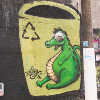 Artista: Dninja. Descrição: Muro externo preto, apresenta grafitti de lata de lixo verde com desenho de dragão verde.