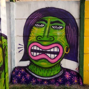Artista: Mundano. Descrição: Muro externo da cooperativa apresenta mural graffiti de um rosto de uma mulher verde de lábios rosas. Ela tem cabelos curtos na altura dos ombros e veste uma camiseta roxo escuro de flores.