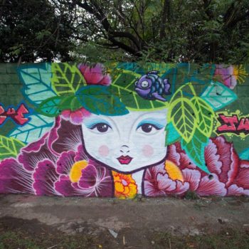 Artista: Suzue. Foto: Rebeca Figueiredo. descrição: muro externo verde com grafitti de um rosto feminino branco, com batom vermelho e cilios azuis claro. Seu rosto está cercado por diferentes flores e folhas verdes, cor de rosa, roxo e amarelo.