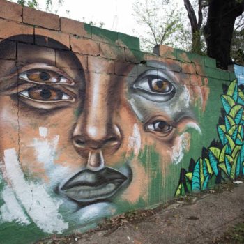 Artista: Filite. Foto: Rebeca Figueiredo. Descrição: muro externo verde com grafitti de rosto colorido com diversos olhos em tons sobrepostos de marrom, branco e preto.