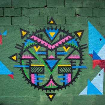 Artista: EMOL e Ficko. Foto: Rebeca Figueiredo. Descrição: muro externo verde com grafitti de círculo semelhante a cabeça de um tigre nas cores preto azul, laranja e rosa.