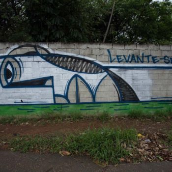Artista: Pixote. Foto: Rebeca Figueiredo. Descrição: muro externo cinza com grafitti de rosto masculino deitado na horizontal contendo somente contorno em preto, azul e branco. em cima do rosto está escrito “levante-se”.