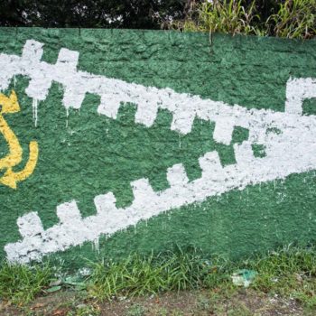 Artista: Pixotosco. Foto: Rebeca Figueiredo. Descrição: muro externo verde com grafitti do contorno branco da cabeça de um jacaré. na sua boca, o símbolo da reciclagem.