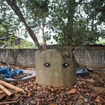 Artista: Mundano. Foto: Rebeca Figueiredo. Descrição: Vaso cinza em ambiente externo com grafitti de dois olhos pretos. Dentro do vaso uma árvore de médio porte.
