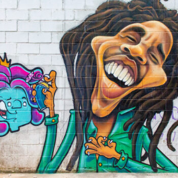 Artista: Parte. Descrição: Sobre fundo branco, o desenho de Bob Marley estilizado. O cabelo é preto e marrom com dreadlocks. O rosto é comprido, esguio, com as maçãs do rosto e o queixo proeminentes e o nariz largo. Os olhos estão semicerrados e a boca num sorriso largo com dentes alvos e compridos. Ele usa uma camisa verde de mangas compridas e aperta um spray na direção de um desenho de um rosto azul com cabelos cor de rosa. As unhas de Bob são uns traços brancos minúsculos.
