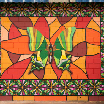 Artista: RHAY | Descrição: Sobre a lateral do galpão e entre duas colunas o desenho de uma borboleta sobre mosaico colorido e moldura com mandalas de flores. Ao centro, uma borboleta, de frente, as asas abertas. Na parte superior das asas, faixas verticais onduladas nas cores verde, amarelo, marrom e verde escuro. Na parte inferior, os tons se repetem e as extremidades são pontiagudas, o corpo é preto com um círculo verde ao centro. Ao fundo, o mosaico tem formas amebóides alongadas e em tons de laranja, amarelo, ocre, vermelho e marrom, todas com contorno preto. Margeando o mosaico, uma moldura com mandalas como em ladrilhos. São flores idênticas, com miolo amarelo e pétalas bicolores, amarelas e brancas. As pétalas se sobrepõem a triângulos que se alternam nas cores verde escuro, verde claro, rosa escuro e rosa claro. Na margem inferior, retângulos estreitos nas cores do mosaico sublinham a pintura.